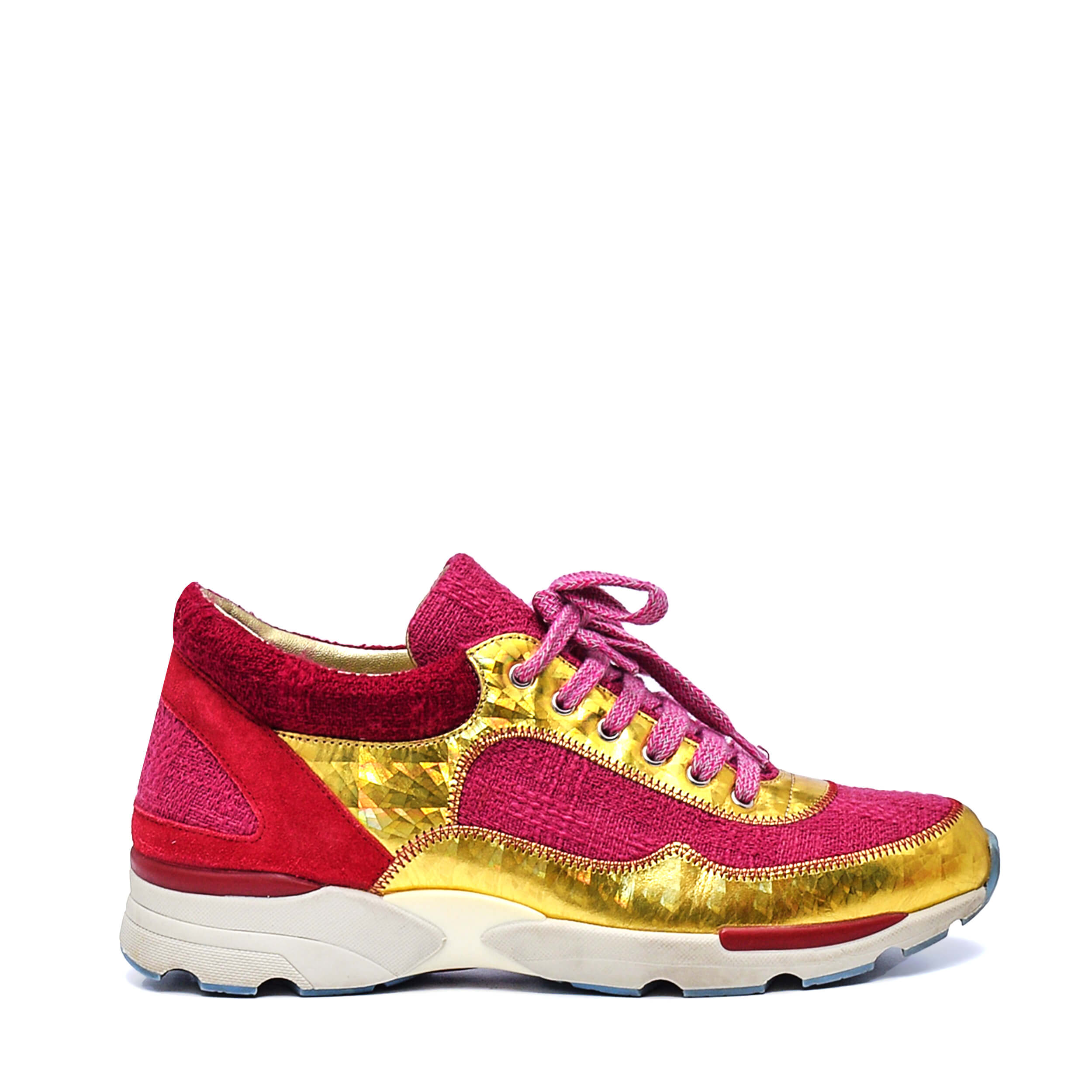 Chanel - Gold Leather And Pink Tweed CC Low/Top Sneakers / 37